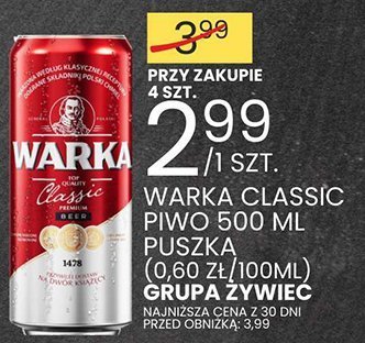 Piwo Warka Classic 500 ml puszka (0,60 zł/100ml) promocja w Wafelek