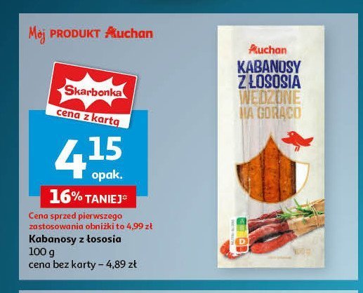 Kabanosy z łososia Auchan różnorodne (logo czerwone) promocja w Auchan