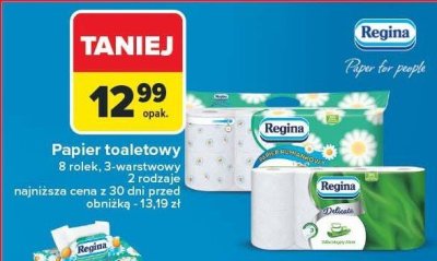 Papier toaletowy Regina 8 rolek, 3-warstwowy różne rodzaje najniższa cena z 30 dni przed obniżką - 13,19 zł promocja w Carrefour