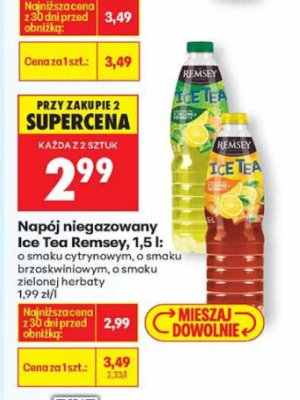 Napój niegazowany Ice Tea Remsey 1,5l o smaku cytrynowym, o smaku brzoskwiniowym, o smaku zielonej herbaty promocja w Biedronka