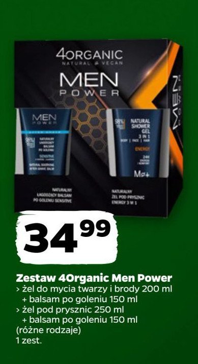 Zestaw w pudełku: żel pod prysznic 250 ml + balsam po goleniu 150 ml 4organic men power promocja w Netto