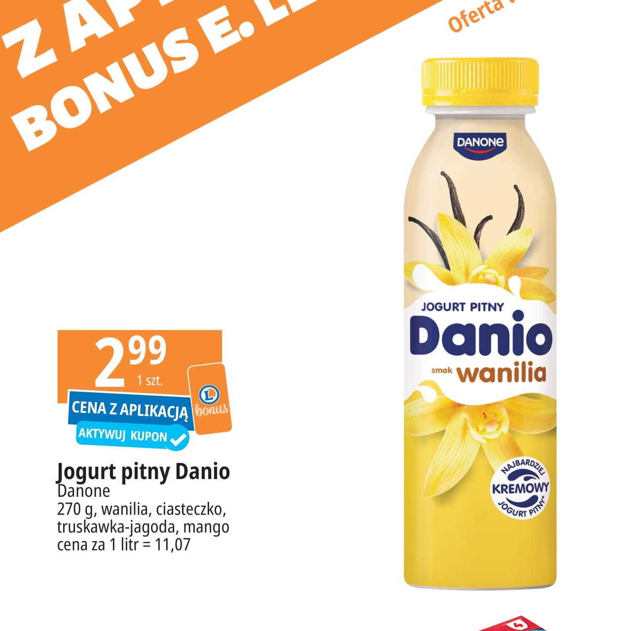 Jogurt pitny wanilia Danone danio promocja w Leclerc