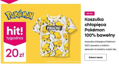 Koszulka chłopięca Pokémon 100% bawełny biała z nadrukiem Pikachu promocja w Pepco