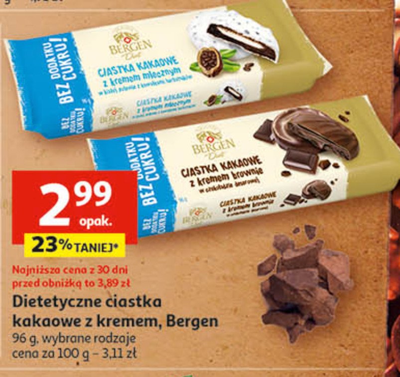 Ciastka kakaowe z kremem brownie w czekoladzie deserowej bez cukru Bergen cookies promocja