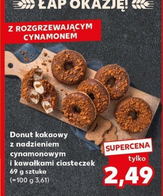 Donut kakaowy z nadzieniem cynamonowym i kawałkami ciasteczek Kaufland promocja w Kaufland