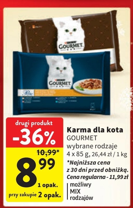 Karma dla kota fileciki w sosie z indykiem + tuńczykiem + kaczką + jagnięciną Purina gourmet perle promocja w Intermarche