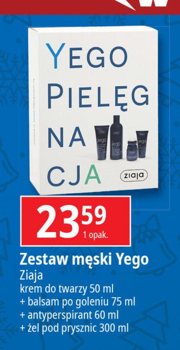 Żel pod prysznic + balsam po goleniu + dezodorant + krem do twarzy Ziaja yego promocja w Leclerc