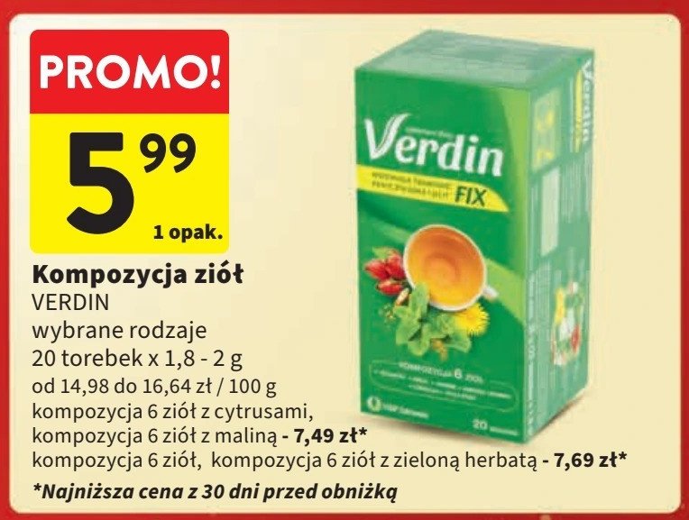 Herbata kompozycja 6 ziół Verdin fix promocja