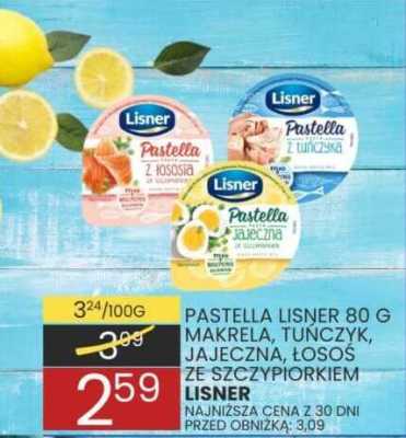 Pastella Lisner 80 g makrela, tuńczyk, jajeczna, łosoś ze szczypiorkiem promocja w Wafelek