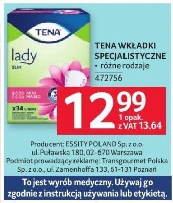 Wkładki higieniczne Tena Lady specjalistyczne promocja w Selgros