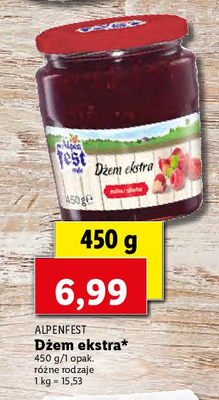 Dżem ekstra rabarbarowo malinowy Alpen fest promocja w Selgros