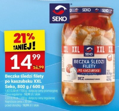 Beczka śledzi filety po Kaszubsku XXL Seko, 800 g / 600 g promocja w Twój Market
