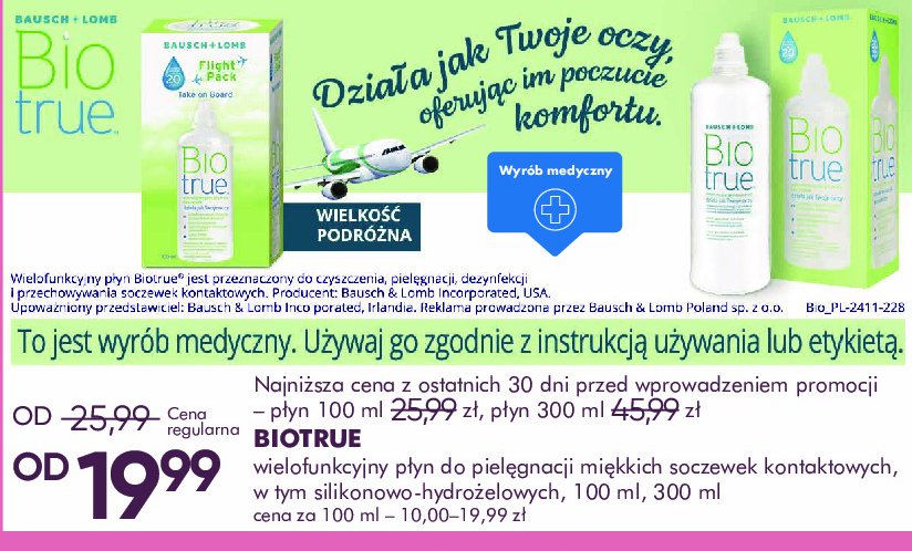 Płyny wielofunkcyjne do pielęgnacji miękkich soczewek kontaktowych Bio true promocja w Super-Pharm