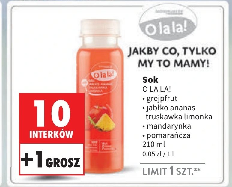 Sok jabłko-ananas-truskawka-limonka O la la! promocja w Intermarche