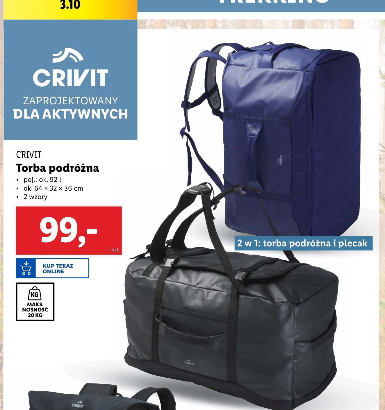 Torba 92 l 64 x 32 x 36 cm Crivit promocja