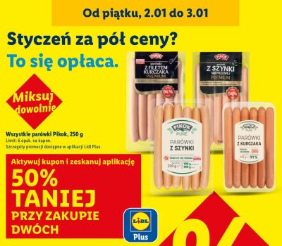 Wszystkie parówki Pikok 250 g -50% przy zakupie dwóch promocja w Lidl