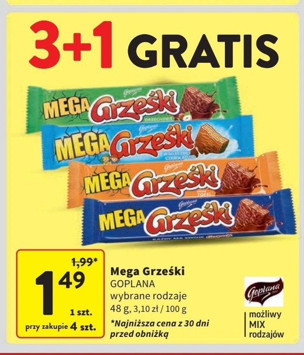 Wafelek kakaowy w czekoladzie mlecznej Grześki mega promocja w Intermarche