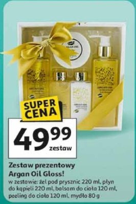 Zestaw prezentowy Argan Oil Gloss!, żel pod prysznic 220 ml, płyn do kąpieli 220 ml, balsam do ciała 120 ml, peeling do ciała 120 ml, mydło 80 g promocja w Auchan