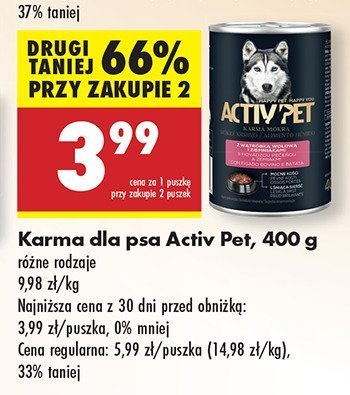 Karma dla psa kawałki w sosie małe rasy 2x z kurczakiem i warzywami + 2x z wołowiną Activ pet promocja w Biedronka