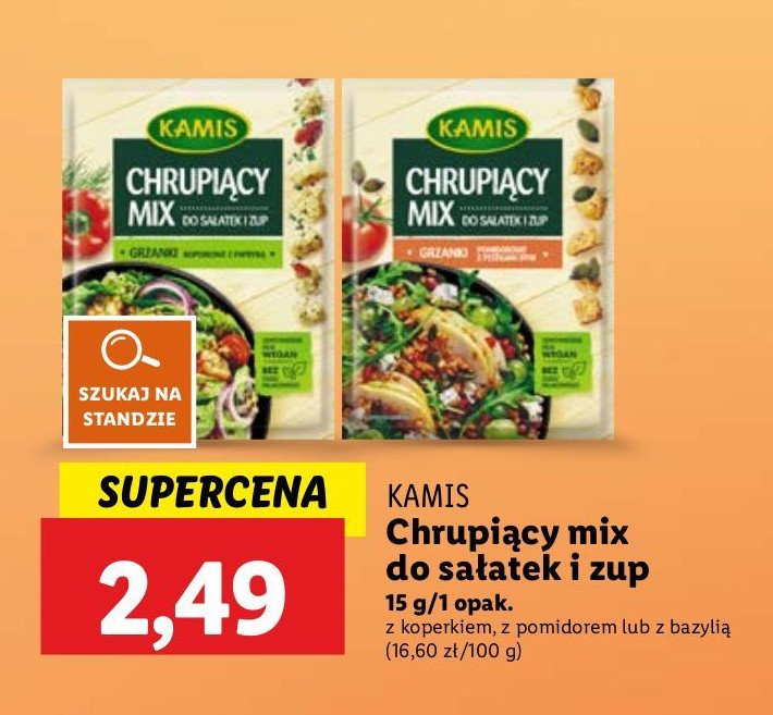 Chrupiący mix do sałatki i zup grzanki pomidorowe z pestkami dyni Kamis promocja w Lidl