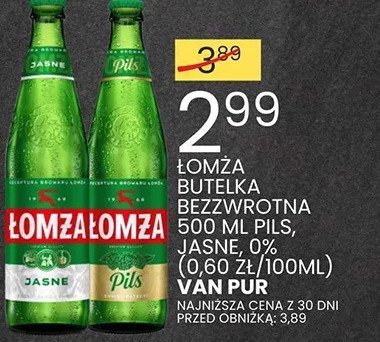 Piwo ŁOMŻA butelka bezzwrotna 500 ml PILS, JASNE, 0% (0,60 ZŁ/100ML) VAN PUR promocja w Wafelek