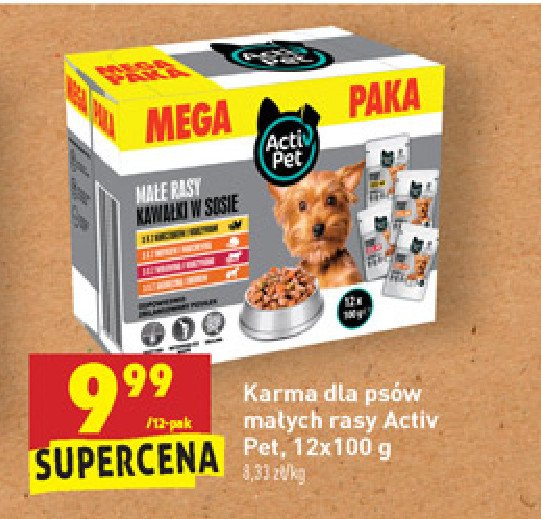 Karma dla psa małe rasy kawałki w sosie kurczak-indyk-wołowina-jagnięcina Activ pet promocja w Stokrotka