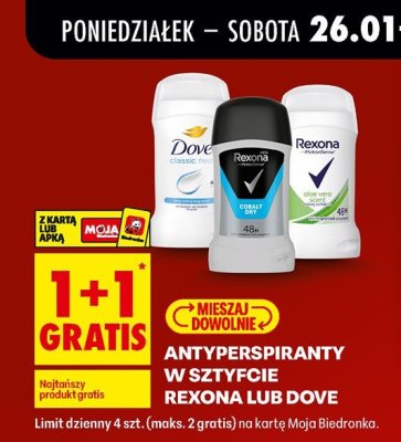 Antyperspiranty w sztyfcie Rexona, Dove 1+1 GRATIS promocja w Biedronka
