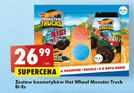 Zestaw w pudełku hot wheels monster trucks: żel+ szampon + puzzle + 2x kule do kąpieli Bi-es hot wheels promocja