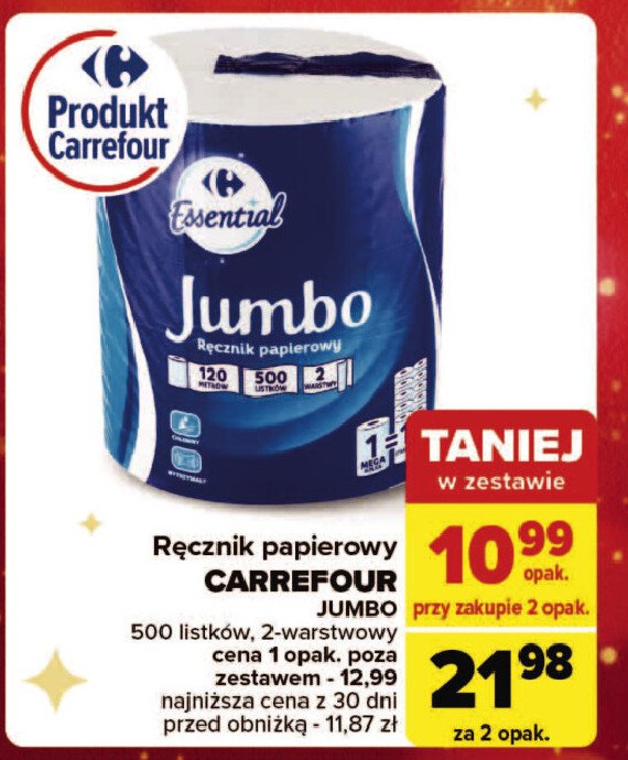 Ręcznik papierowy jumbo Carrefour essential promocja