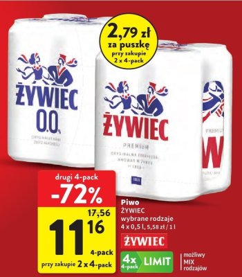 Piwo ŻYWIEC wybrane rodzaje 4-pack promocja w Intermarche