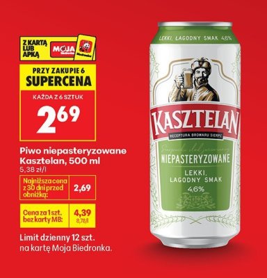 Piwo niepasteryzowane Kasztelan 500 ml promocja w Biedronka