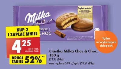 Ciastka biszkoptowe przekładane nadzieniem kakaowym i kawałkami czekolady Milka promocja