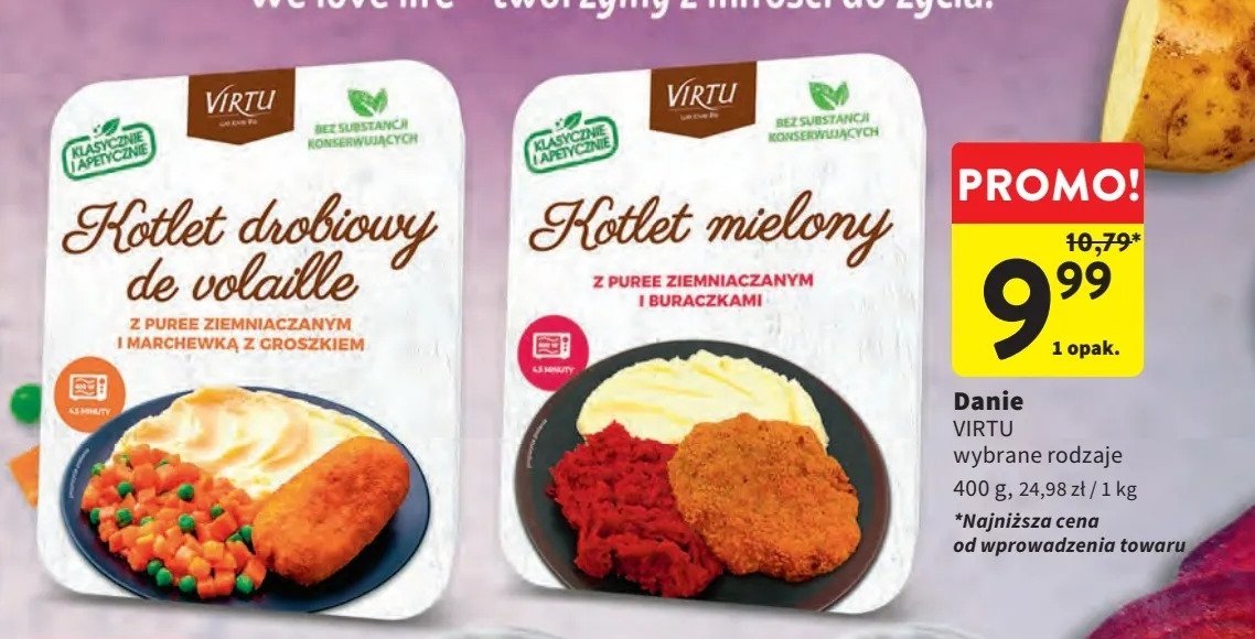 Kotlet drobiowy de volaille z puree ziemniaczanym i marchewką z groszkiem Virtu promocja