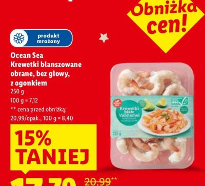 Krewetki Ocean Sea Krewetki blanszowane obrane, bez głowy, z ogonkiem promocja w Lidl