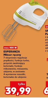 Mikser ręczny 7-stopniowa regulacja prędkości, funkcja turbo, przycisk zwalniający końcówki, funkcja miksowania, mieszania, ubijania, w zestawie: 4 wymienne nasadki, końcówka do ubijania promocja w Kaufland
