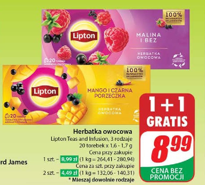 Herbata malina i bez Lipton promocja w Dino