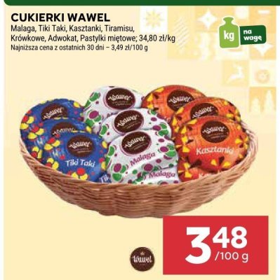 Cukierki Wawel Malaga, Tiki Taki, Kasztanki, Tiramisu, Krówkowe, Adwokat, Pasztyki miętowe promocja w Stokrotka