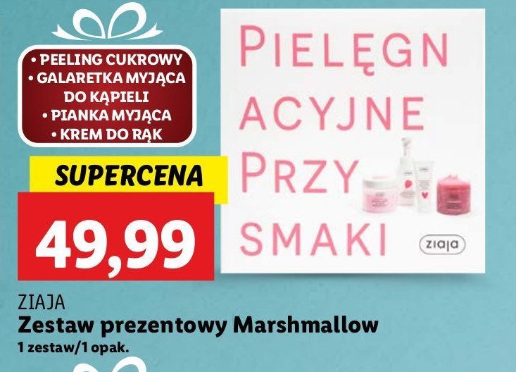 Zestaw w pudełku marshmallow: peeling cukrowy 300 ml + galaretka myjąca do kąpieli 260 ml + pianka myjąca 250 ml + krem do rąk 50 ml Ziaja zestaw promocja