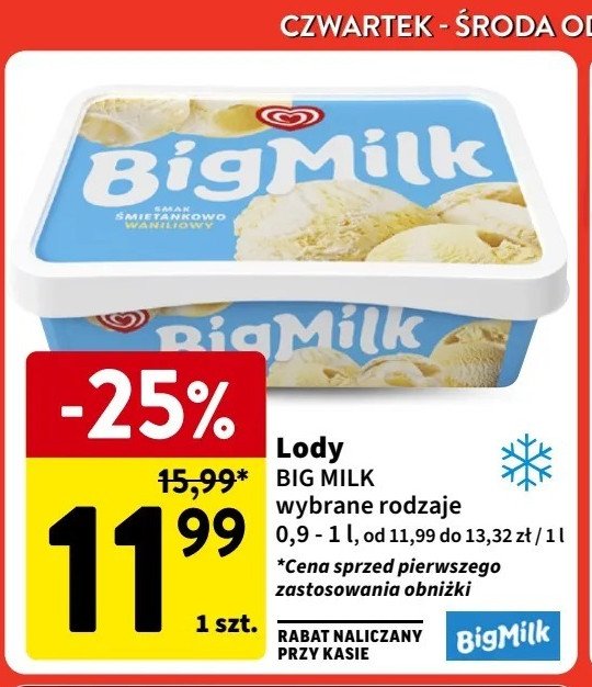 Lody śmietankowo-waniliowe Algida big milk promocja w Intermarche
