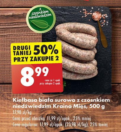 Kiełbasa biała surowa z czosnkiem niedźwiedzim Kraina mięs promocja w Biedronka