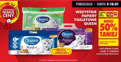 Wszystkie papiery toaletowe Queen DRUGI -50% promocja w Biedronka