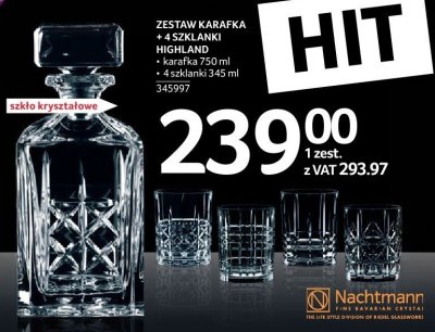 Zestaw karafka + 4 szklanki Highland karafka 750 ml + 4 szklanki 345 ml szkła kryształowe Nachtmann promocja w Selgros