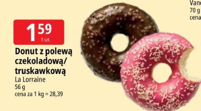 Donut z polewą czekoladową/truskawkową La Lorraine promocja w Leclerc