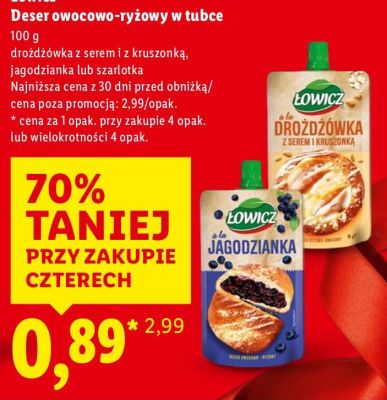 Deser owocowo-ryżowy w tubce o smaku drożdżówki z serem i kruszonką promocja w Lidl