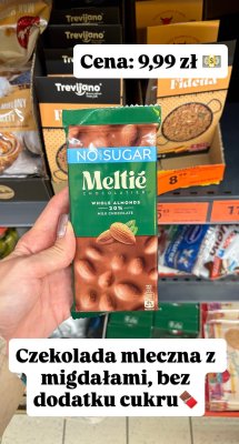 Czekolada mleczna Meltié z migdałami, bez dodatku cukru, whole almonds 20% promocja w Biedronka