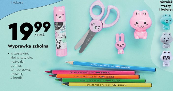 Wyprawka szkolna: klej w sztyfcie + nożyczki + gumka + temperówka + ołówek + kredki Kidea promocja