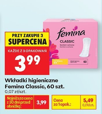 Wkładki higieniczne Femina Classic 60 szt. promocja w Biedronka