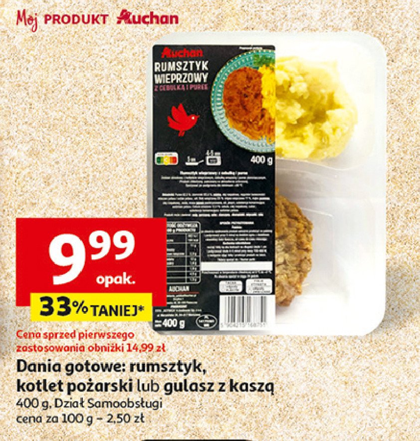 Rumsztyk wieprzowy z sosem cebulowym i puree ziemniaczanym z koperkiem Auchan różnorodne (logo czerwone) promocja