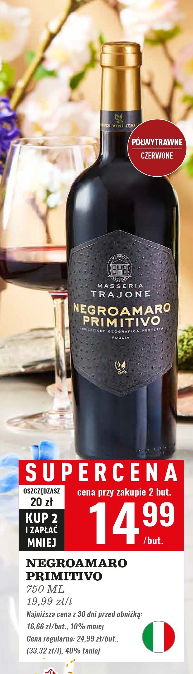 Wino półwytrawne MASSERIA TRAJONE NEGROAMARO PRIMITIVO promocja w Biedronka