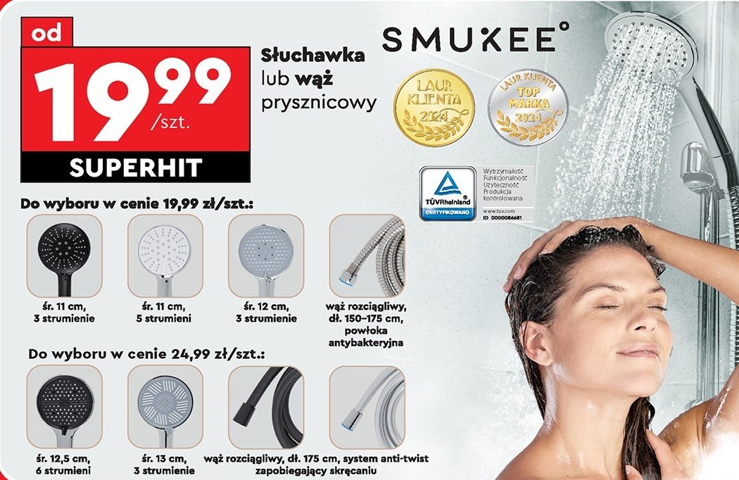 Wąż prysznicowy 175 cm anti-twist Smukee promocja w Biedronka